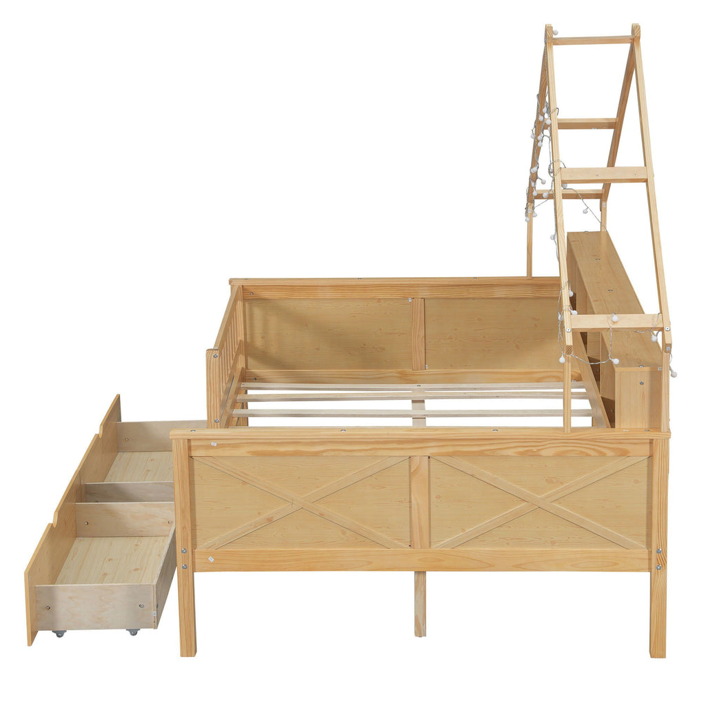 House Style Platform Bed With LED Lights, Storage Shelves, Drawers, And Guardrail