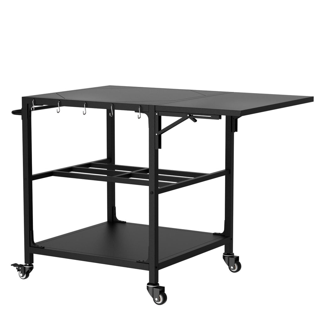 Outdoor Grill Table with Wheels and Storage Shelf - Black