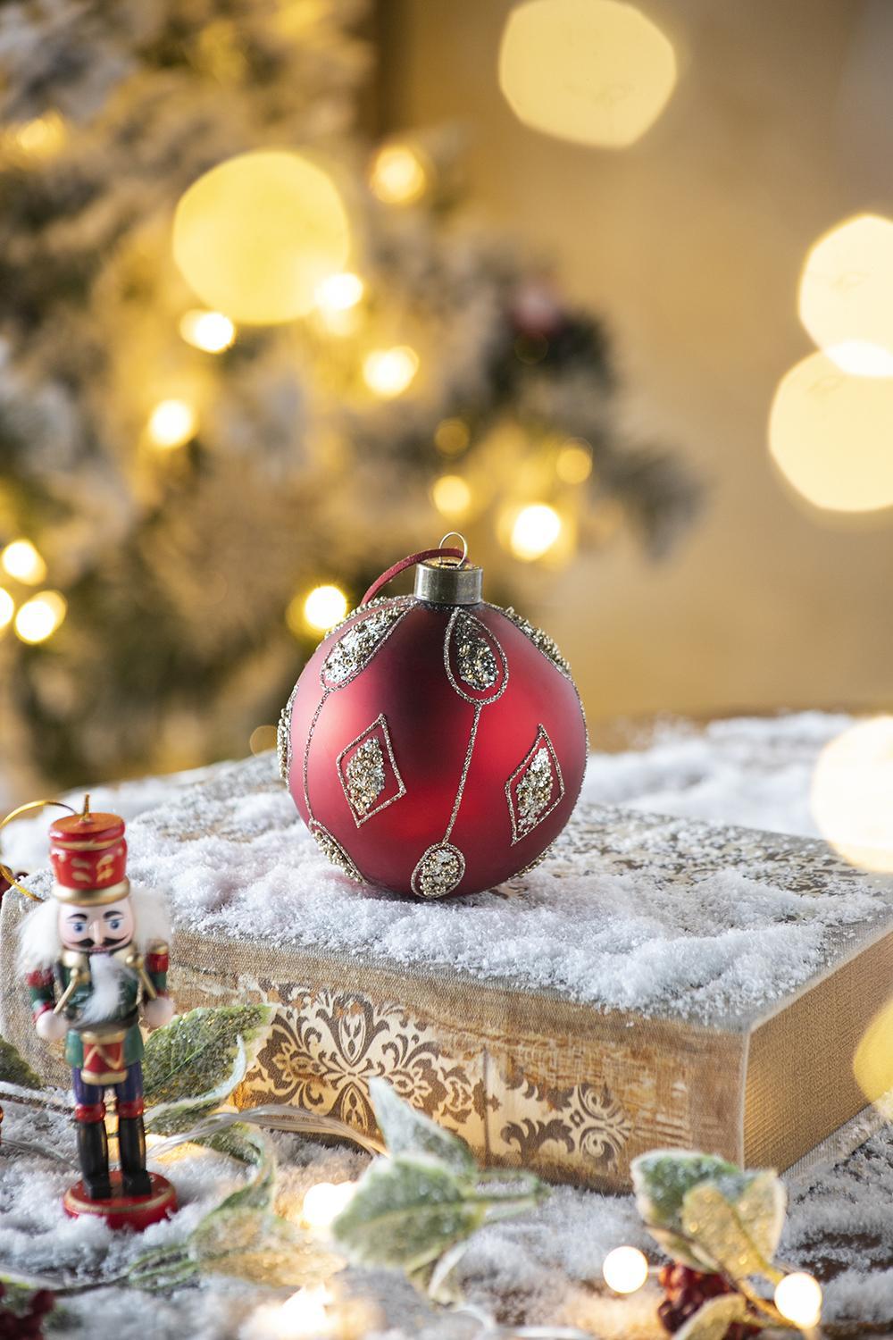 Red Glass Christmas Ball Ornaments with Glitter Detail - Red