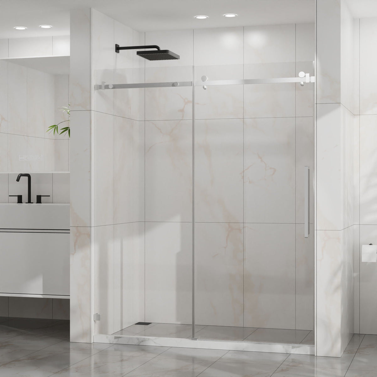Frameless Tub Sliding Shower Door with Easy Clean Coating - Black or Pearl Silver
