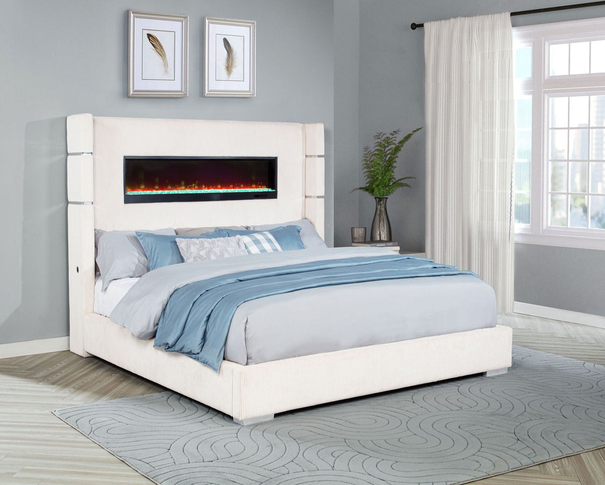 Tisdall Upholstered Eastern King Flame Visualizer Bed Cream
