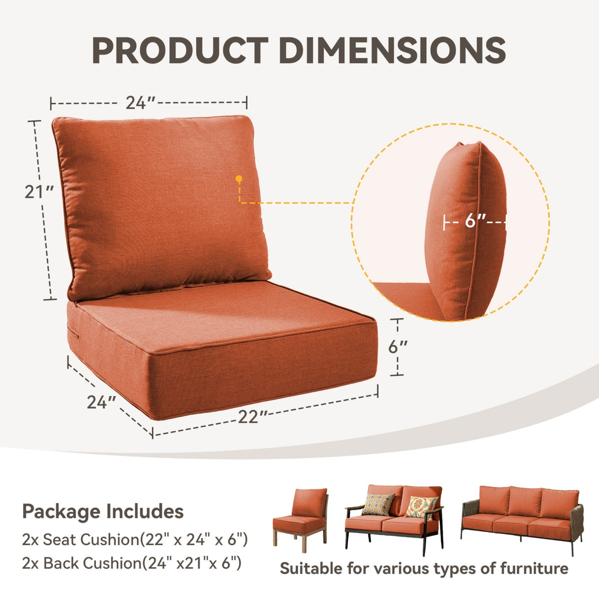 6" Thicker Outdoor Chair Cushion Set with Waterproof Olefin - Outdoor