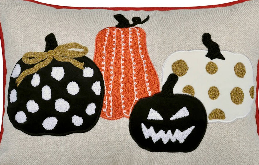 Halloween Pumpkin Embroidered Throw Pillow with Polka Dot – Multi