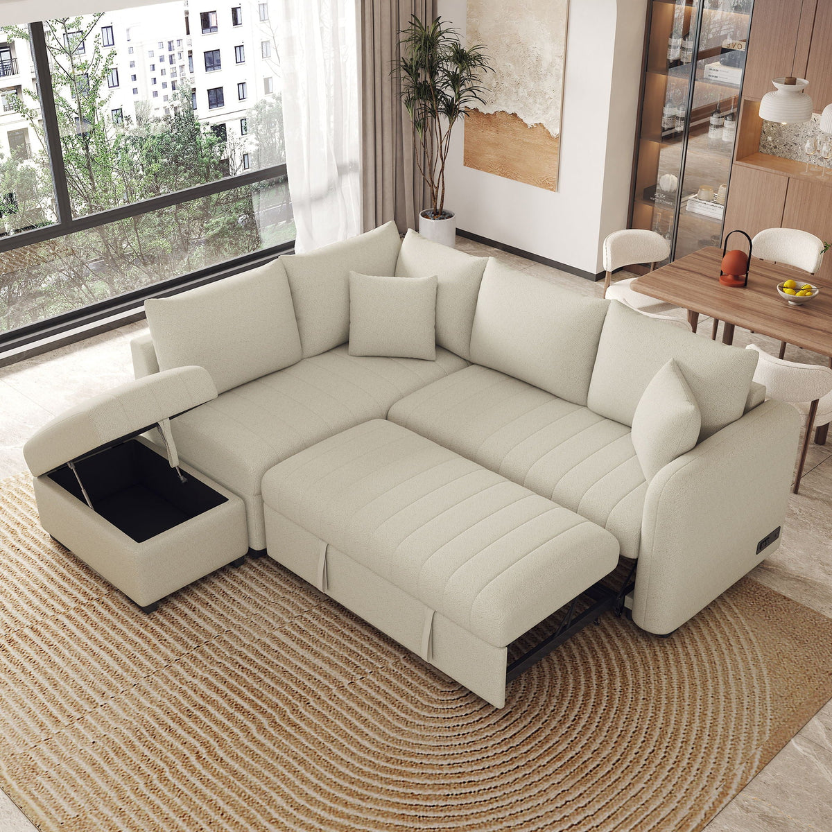 L-Shaped Sleeper Sectional with Pull-Out Bed and Storage Ottoman - Gray or Beige