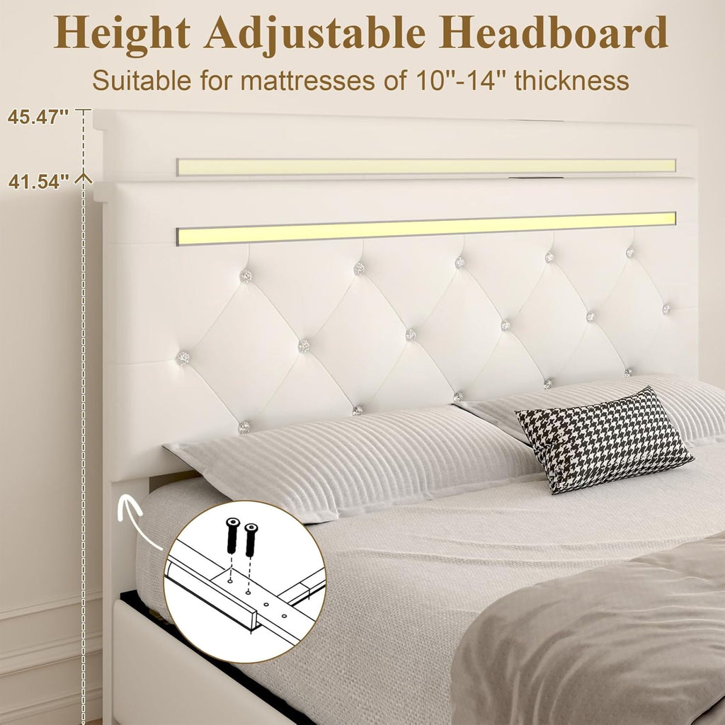 Upholstered Storage Bed Frame with LED Lights and Drawers – White or Black