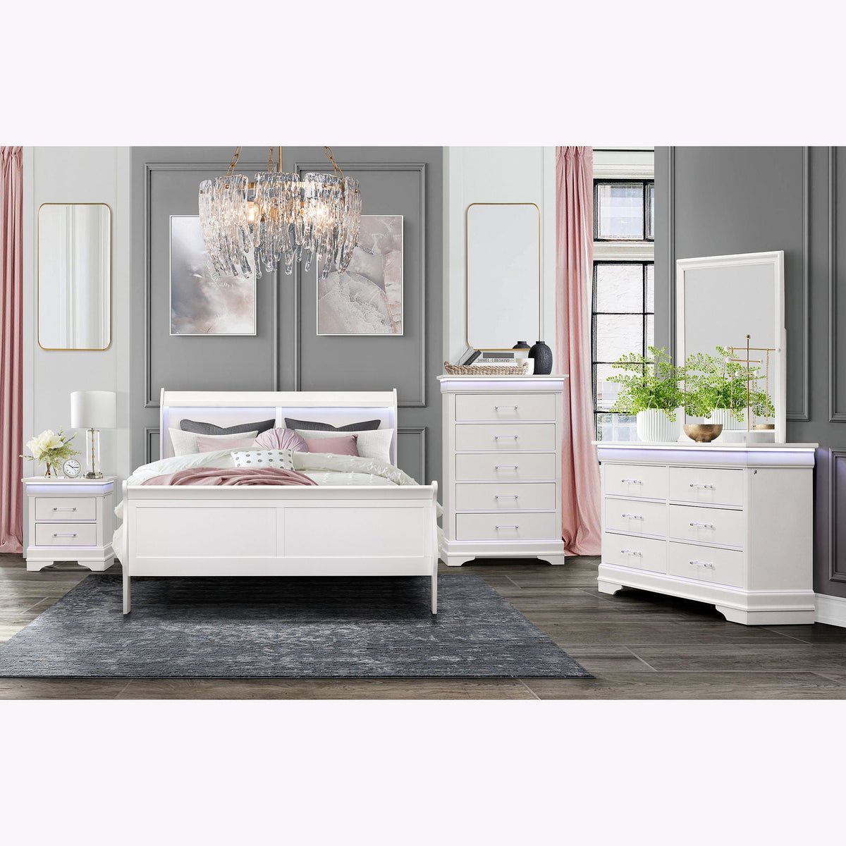Modern Sleigh Bed with LED Lighting - Blue or White