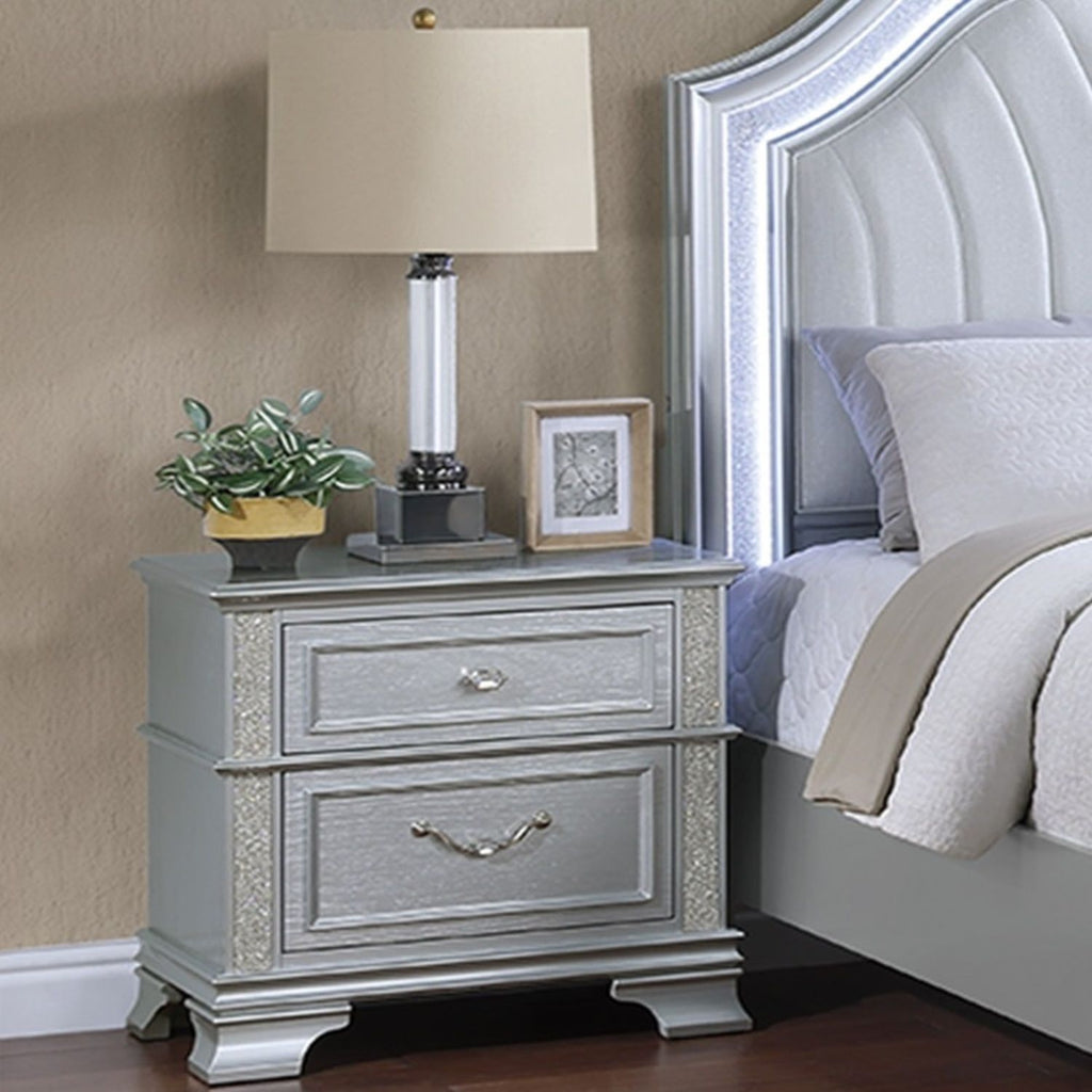 Pearl Silver 3 Piece Bedroom Set with LED Headboard and Footboard Bench
