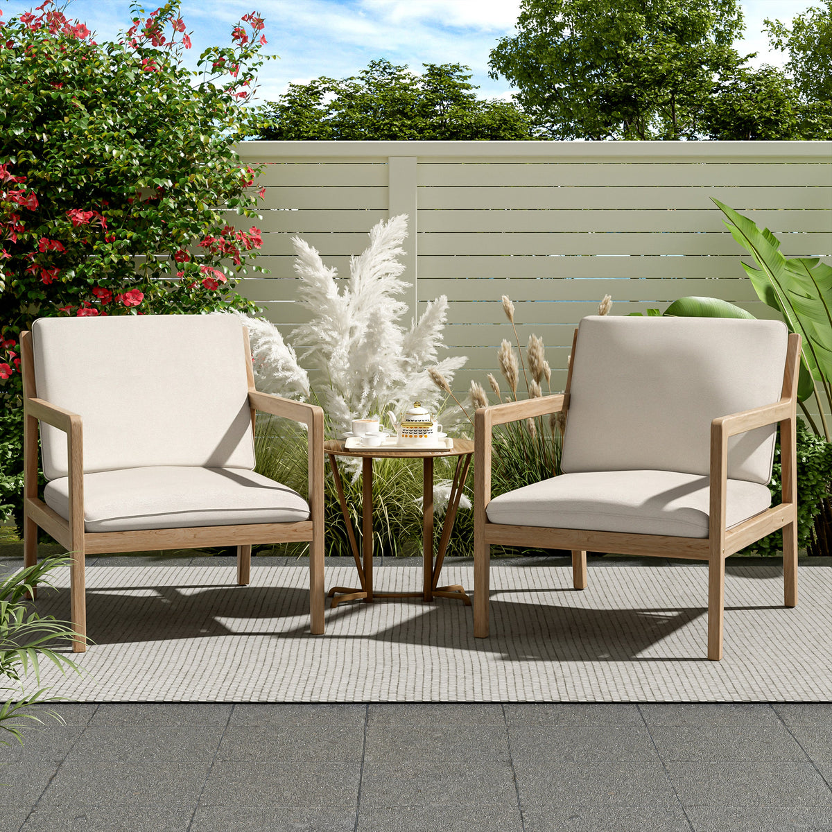 Outdoor Acacia Wood Armchair Set of 2 with Cushions - Light Teak