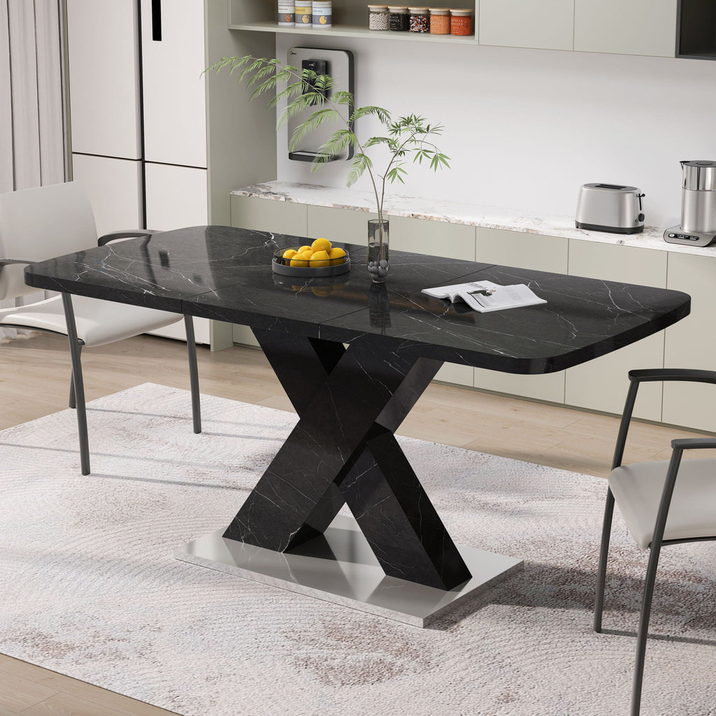 Modern Rectangle Dining Table with Stretchable Top and X Shape Legs - White or Black