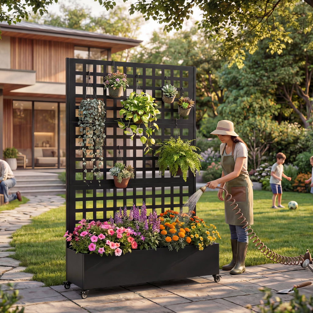 Metal Raised Garden Bed with Wheels and Trellis - Black