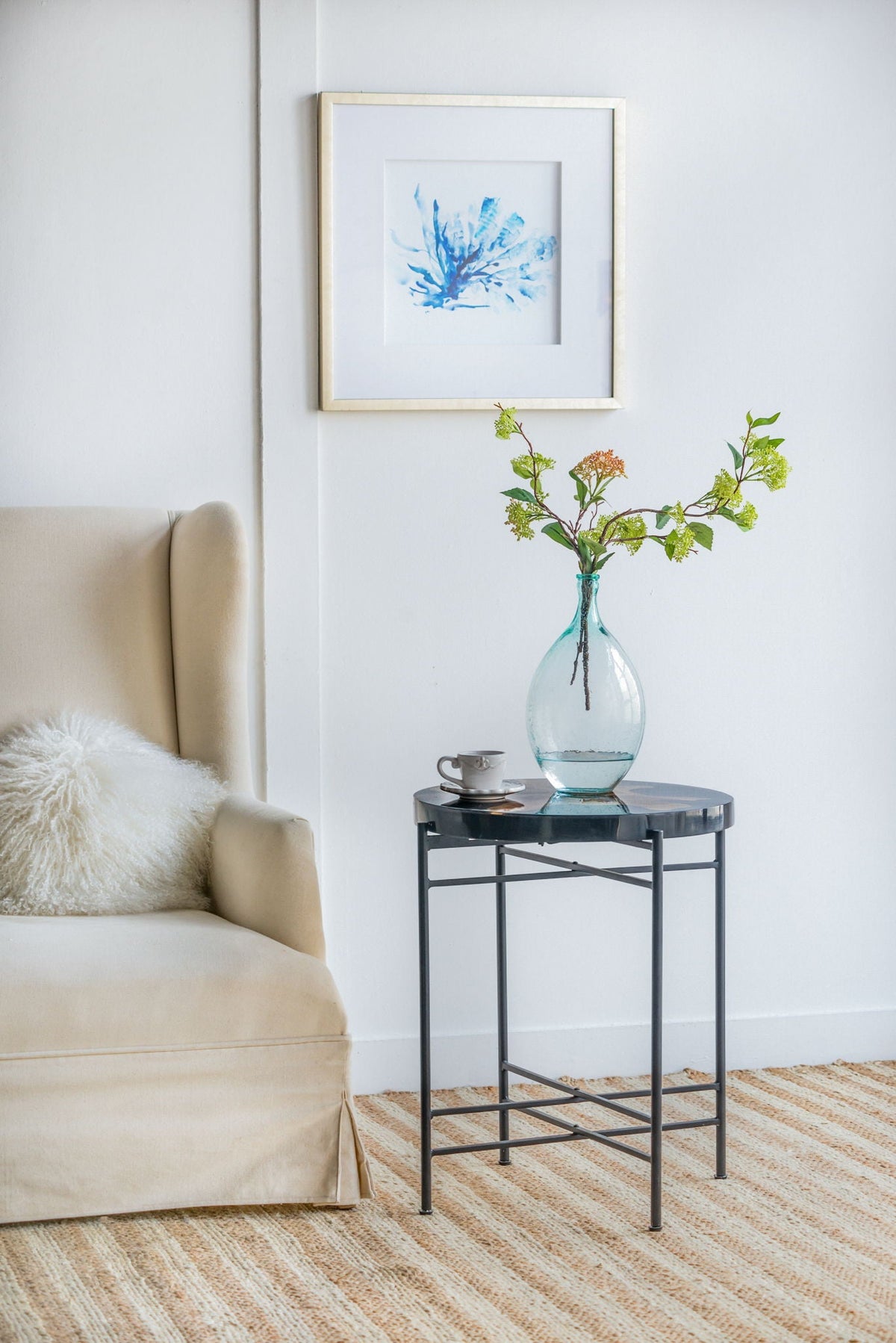 Black and Brown Side Table with Teak Root Wood and Iron Frame