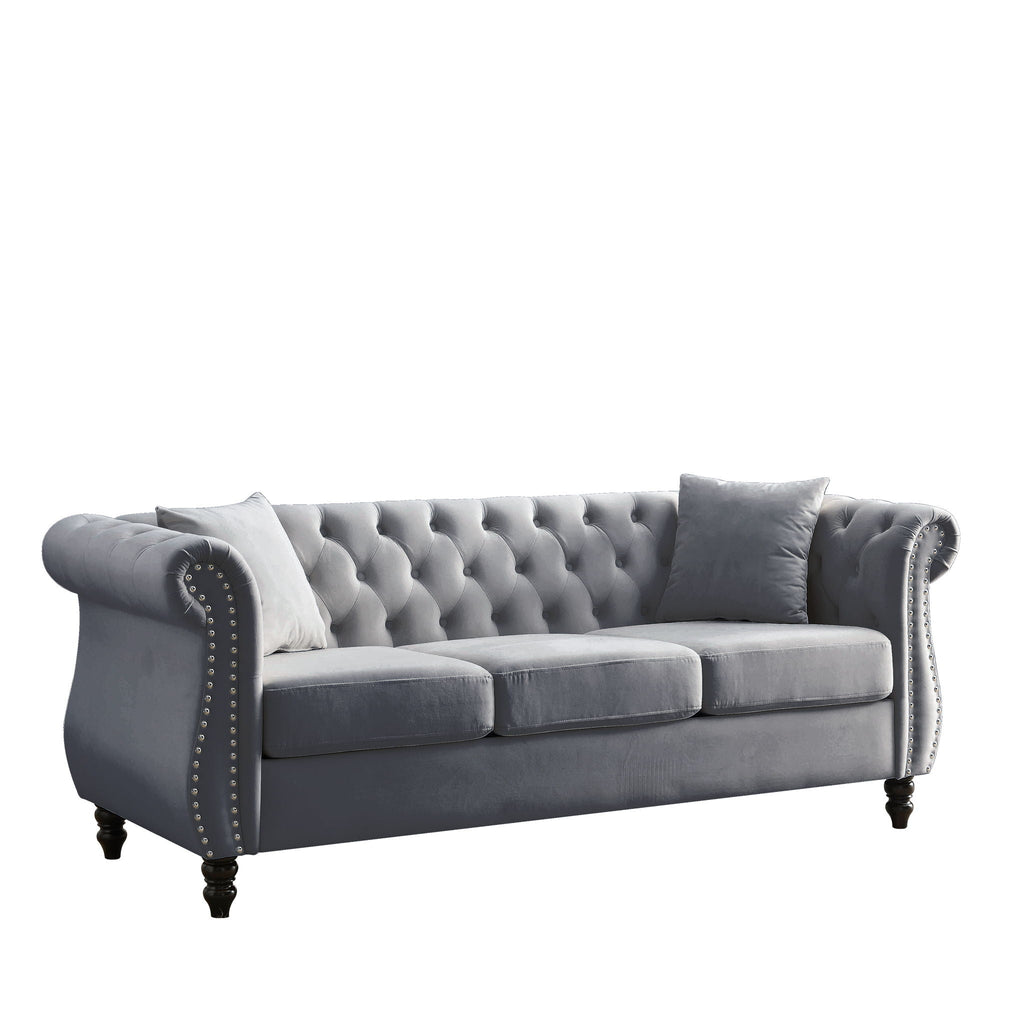 Chesterfield Sofa with Rolled Arms and Nailhead Trim – Solid Wood Frame