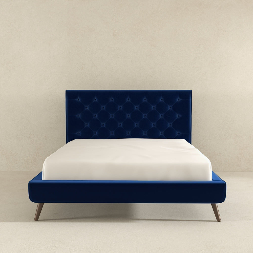 Mid-Century Platform Bed with Tufted Headboard - Blue