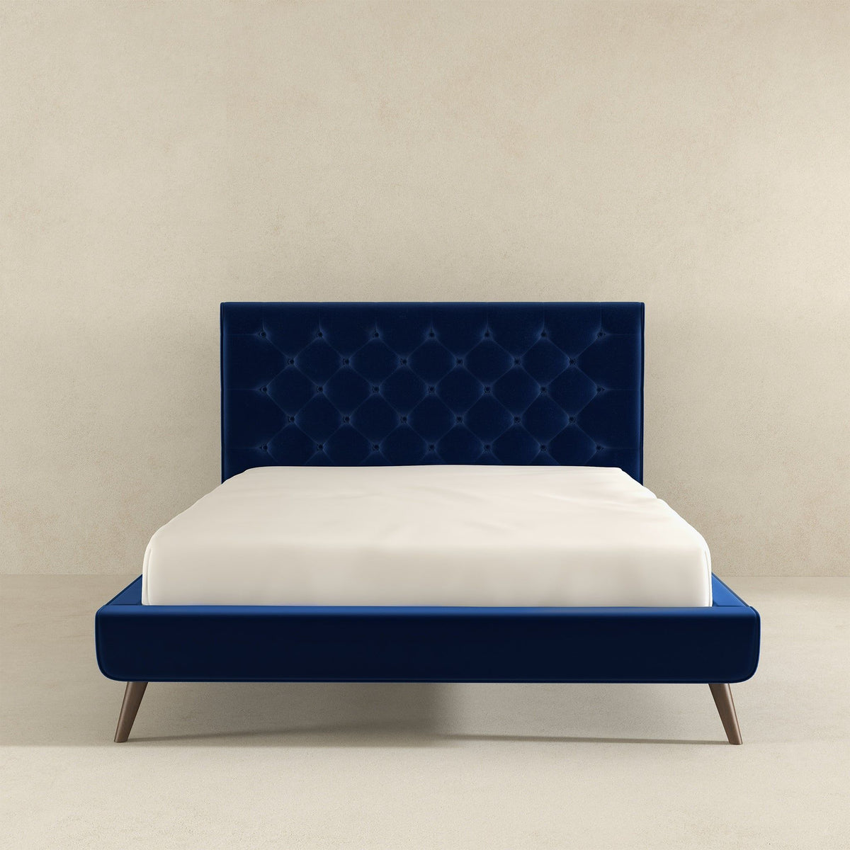 Mid-Century Platform Bed with Tufted Headboard - Blue