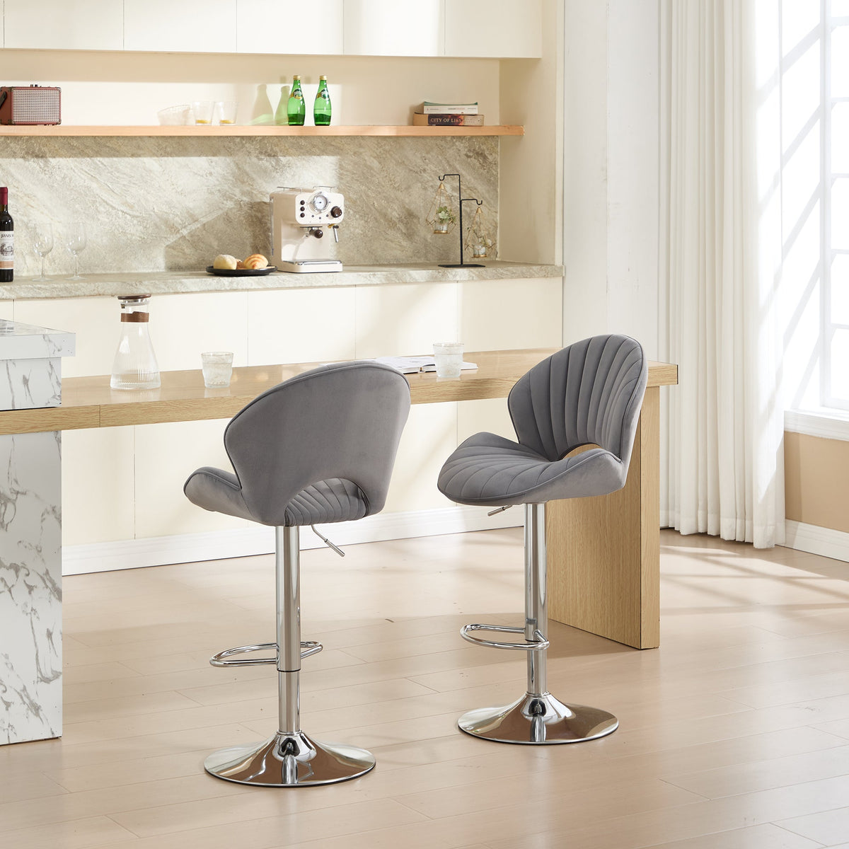 Grey Adjustable Bar Stools Set of 2 with Back and Footrest