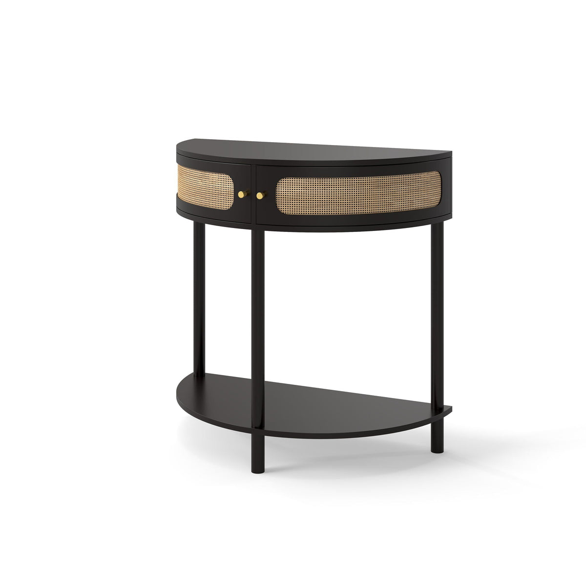 Boho Rattan Semi Circle End Table with Sliding Door and Storage - Black or Dark Green