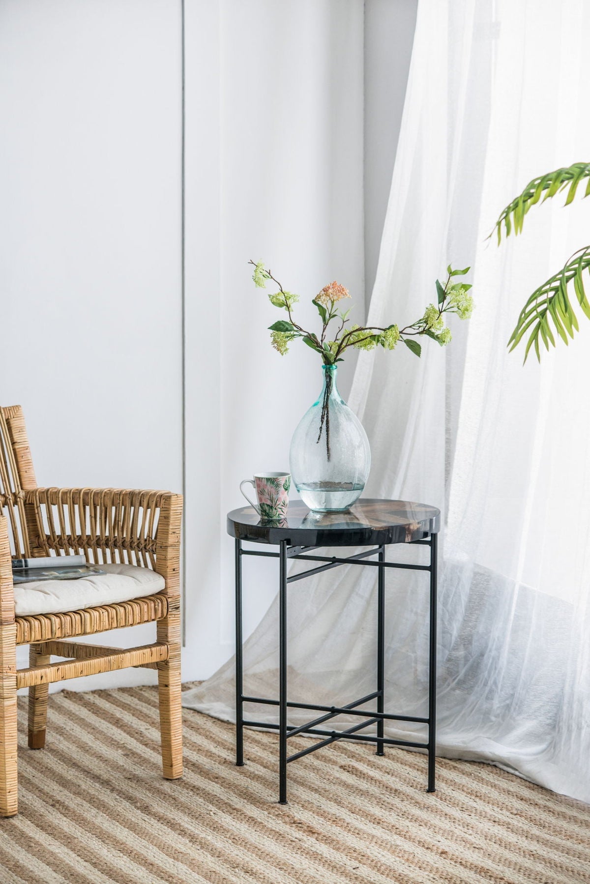 Black and Brown Side Table with Teak Root Wood and Iron Frame