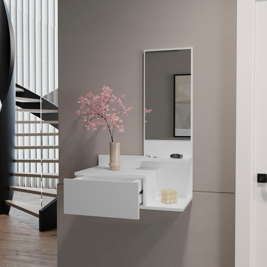 Lowell Floating Hallway Cabinet with Mirror and Storage - White or Black