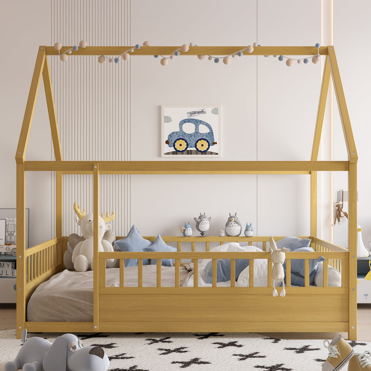 Full Size Wooden Bed with House Roof Frame - Natural