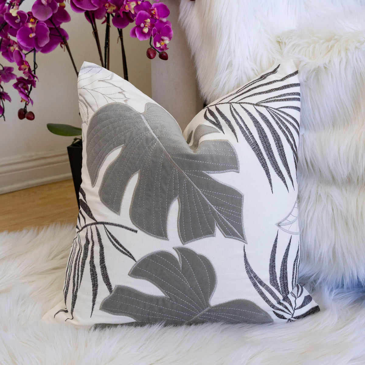 Autumn Vibes Leaf Accent Pillow with Soft Texture - Green, Dark Gray, Light Blue, Yellow, Orange