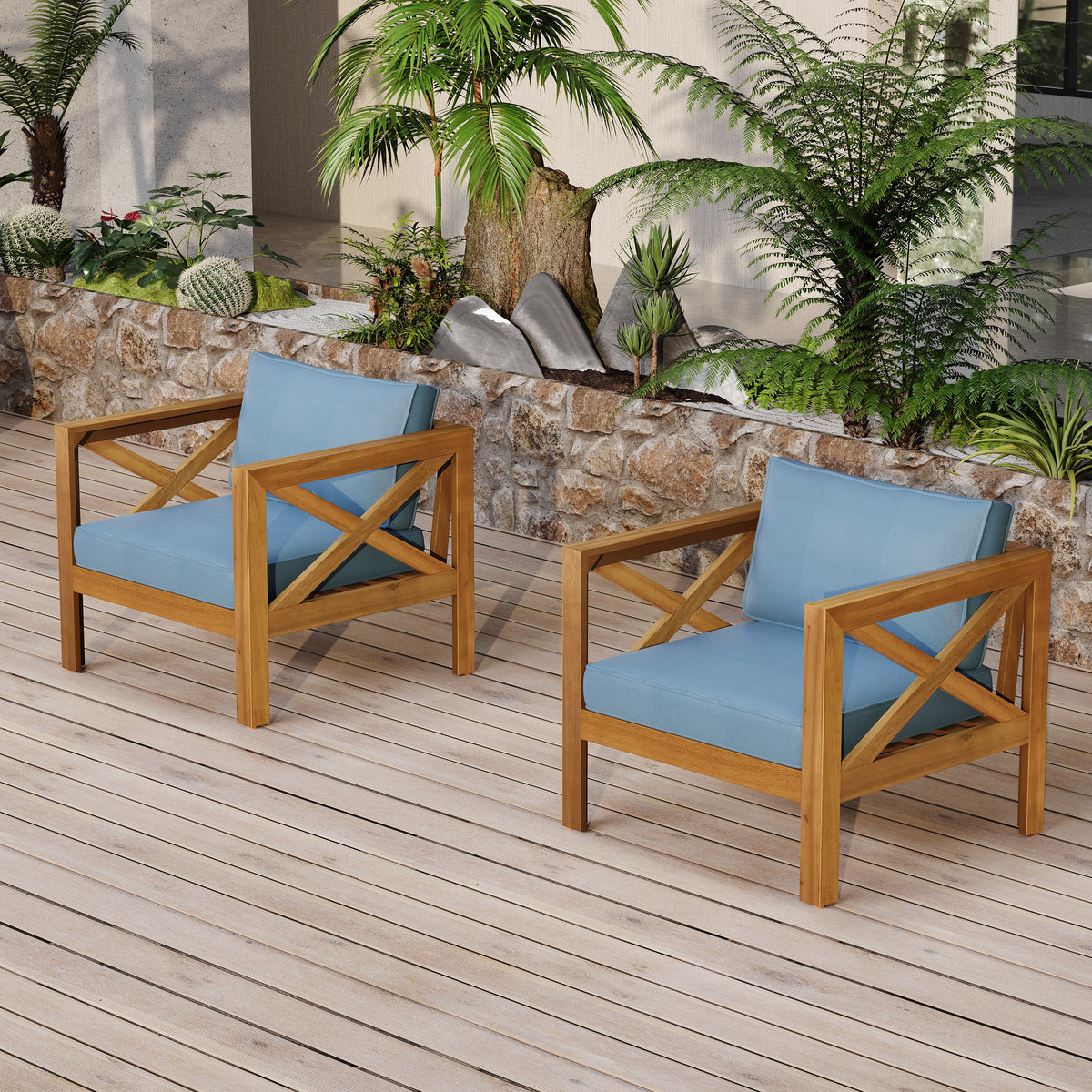 Patio Conversation Set with Cushions and Foldable Side Table - Blue/Teak