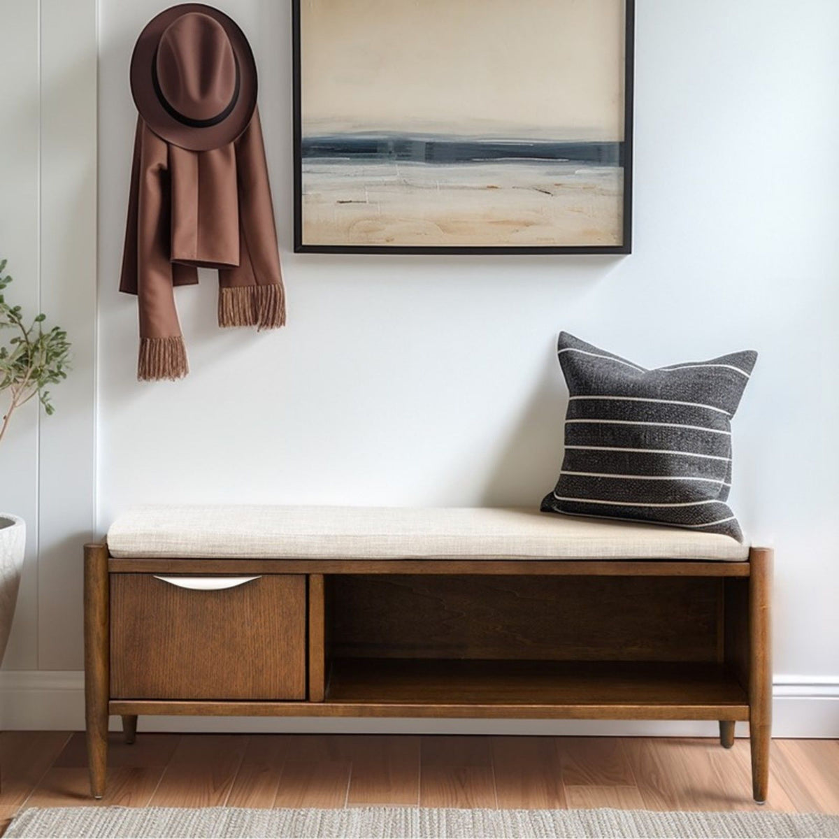 Accent Bench With Storage and Upholstered Cushion - Walnut Brown