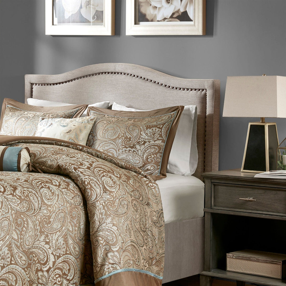 Light Brown Panel Upholstered Headboard with Copper Nailheads – Adjustable Metal Legs