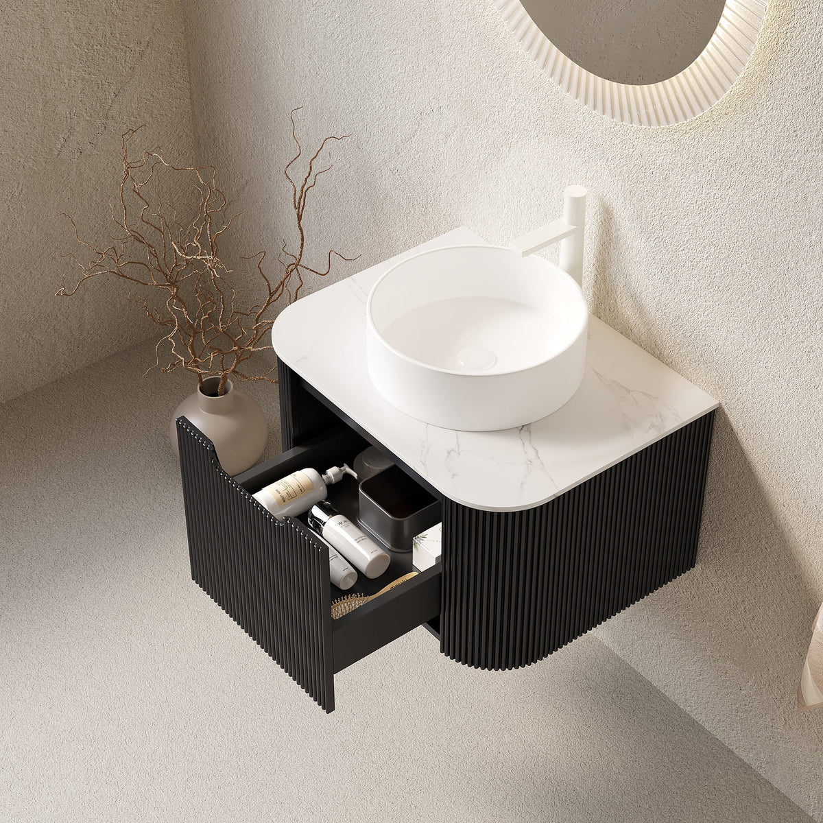 DINA 24" Bathroom Vanity with Floating Striped Cabinet and Ceramic Sink - White & Black