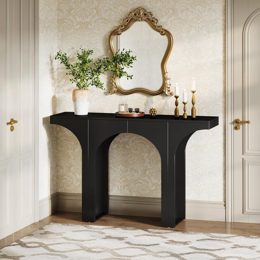 Black Console Table with Arched Base - Solid Wood & MDF