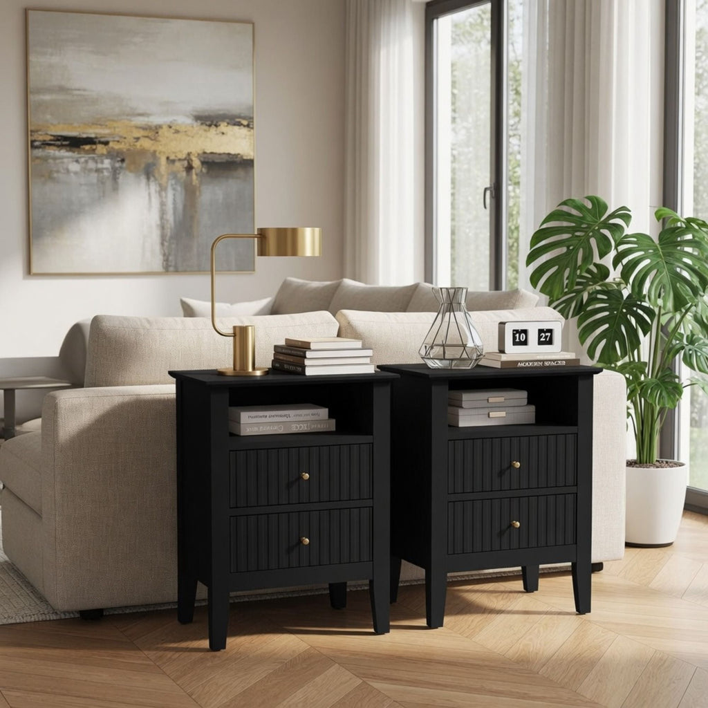 Fluted Nightstand with 2 Drawers and Soft-Close Slides - Multiple Colors