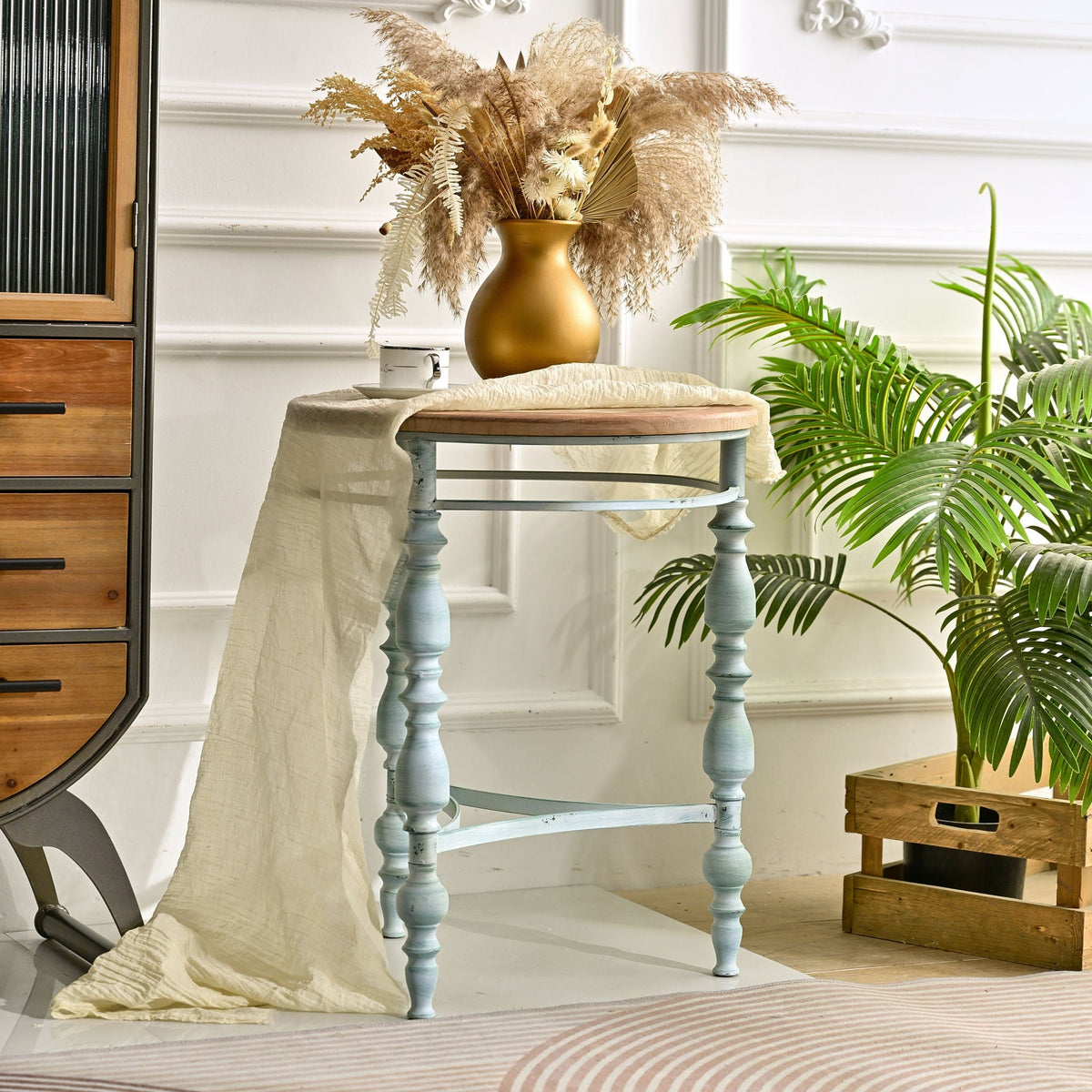 Round Top Carved Coffee Table with Metal Legs - Light Brown