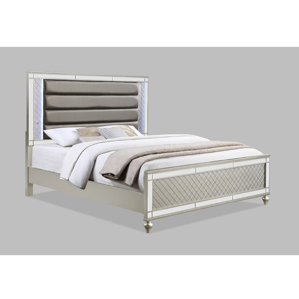Modern Panel Bed with Tufted Design and LED Lighting - Pearl Silver