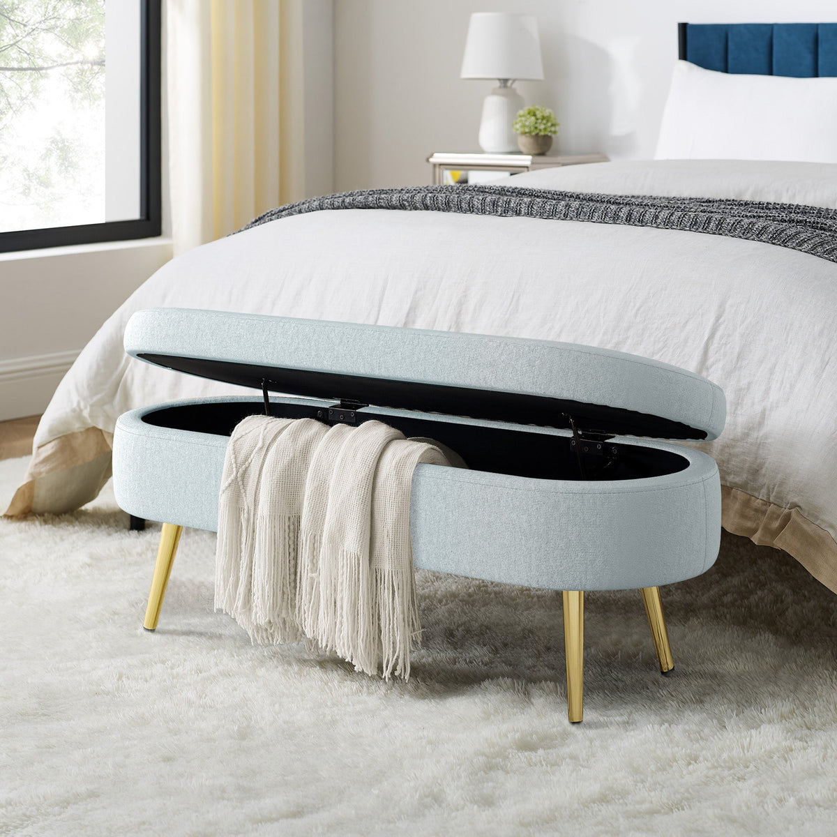 Ottoman Oval Storage Bench with Metal Legs - Flannel Cyan
