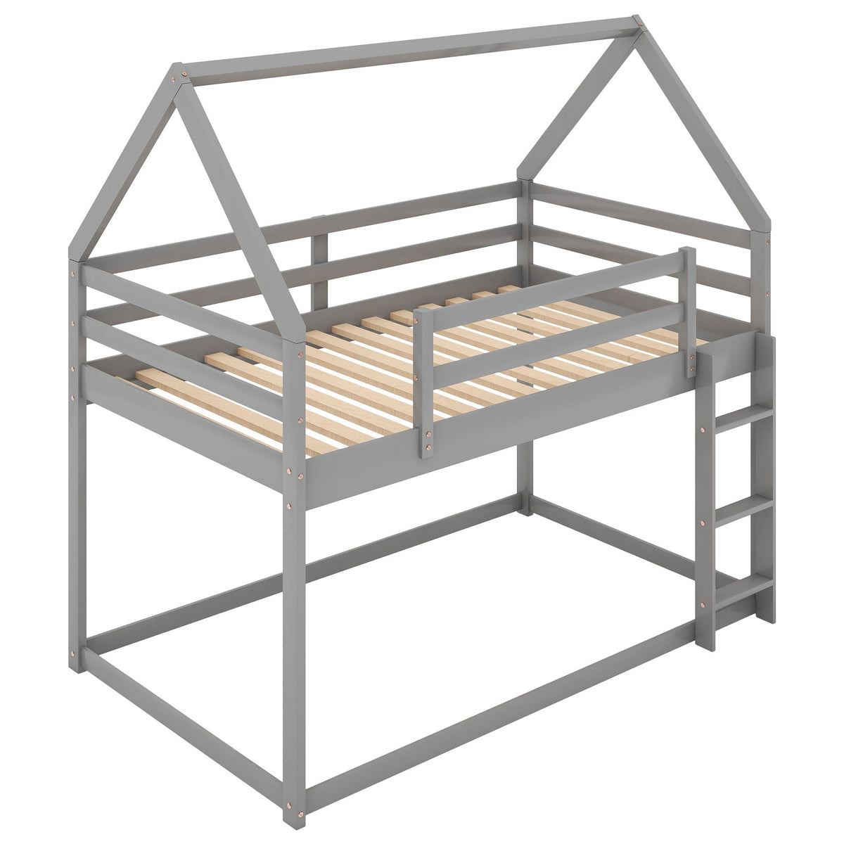 Low Bunk Bed With House Shaped Frame and Ladder - Twin Over Twin