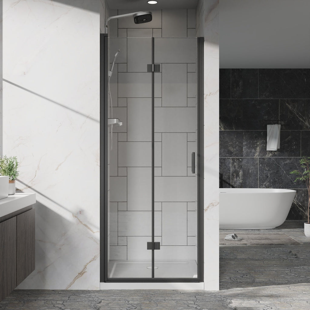 Bifold Frameless Shower Door with Tempered Clear Glass - Pearl Silver or Black