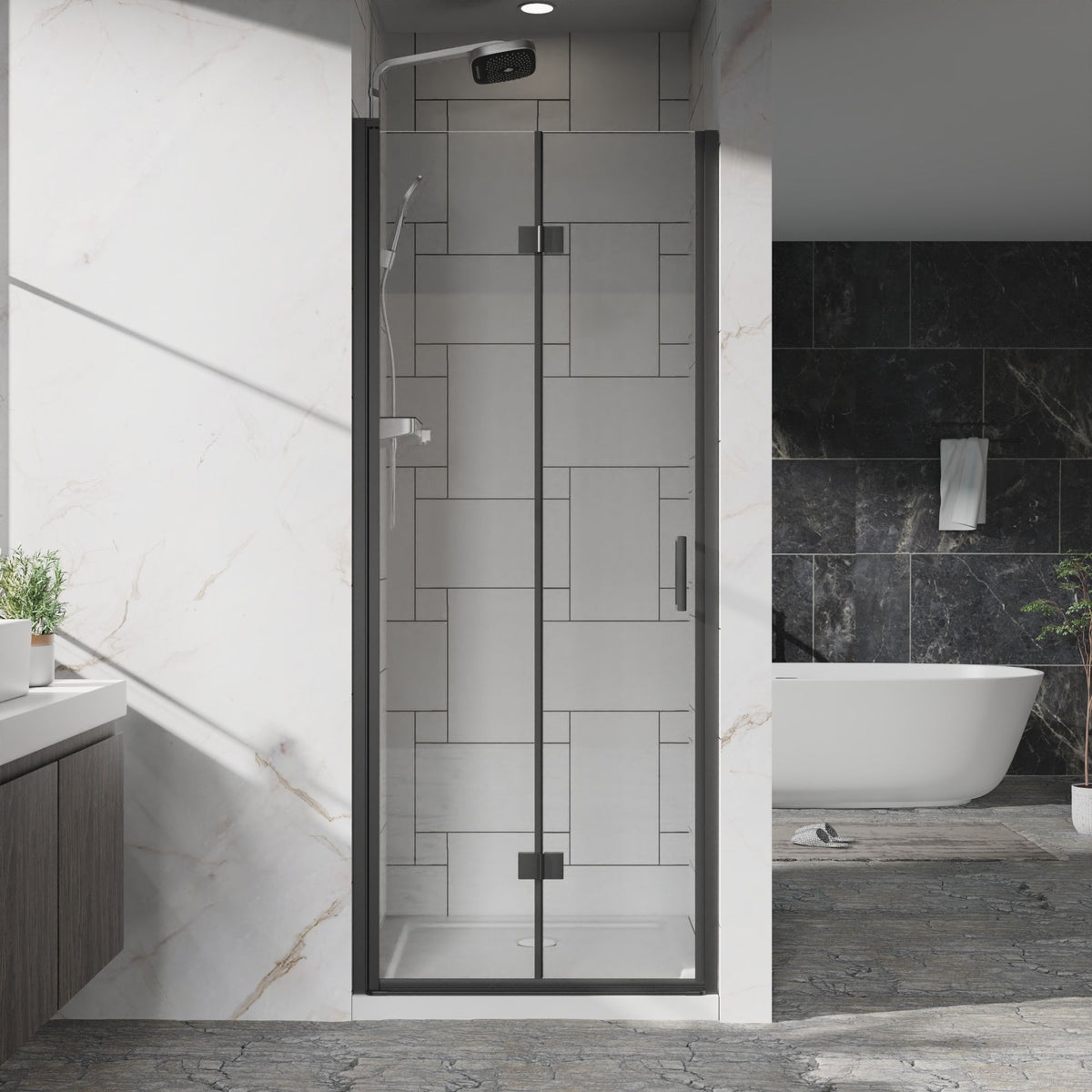 Bifold Frameless Shower Door with Tempered Clear Glass - Pearl Silver or Black
