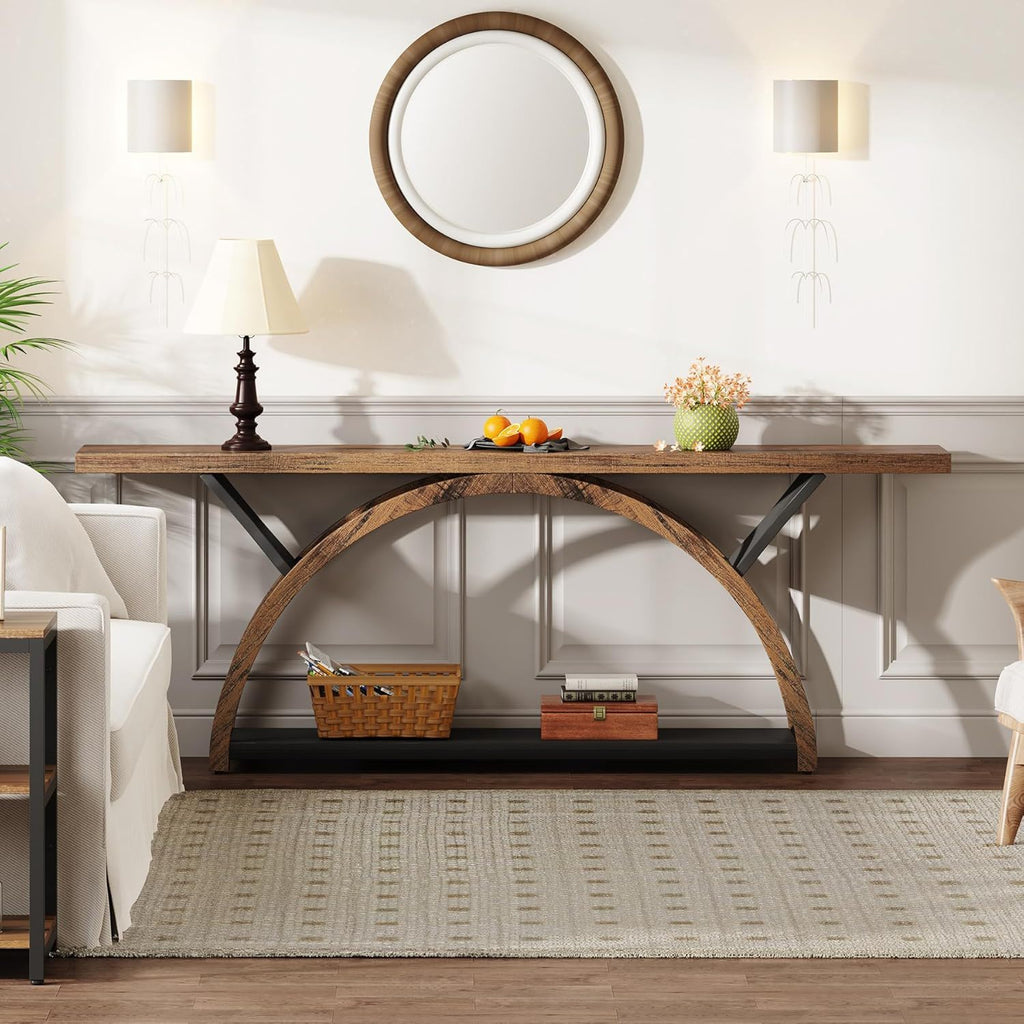 Console Table with 2-Tier Storage and Half Moon Frame - Brown / Black