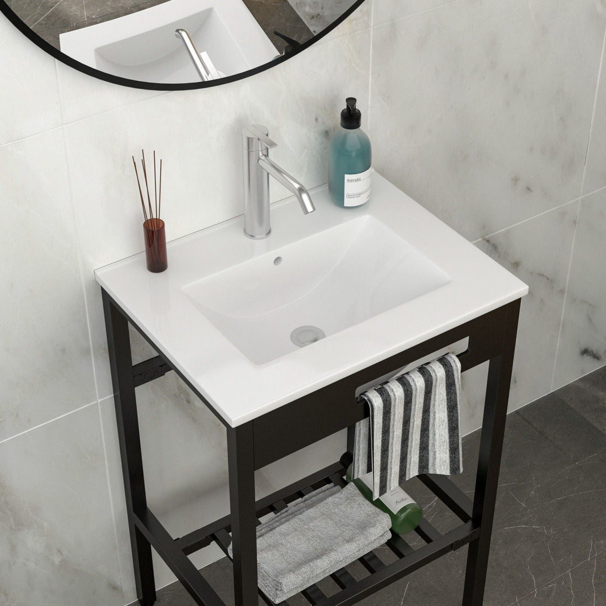 Console Sink With Legs, 24" X 18", Durable Porcelain With Frame - White / Black