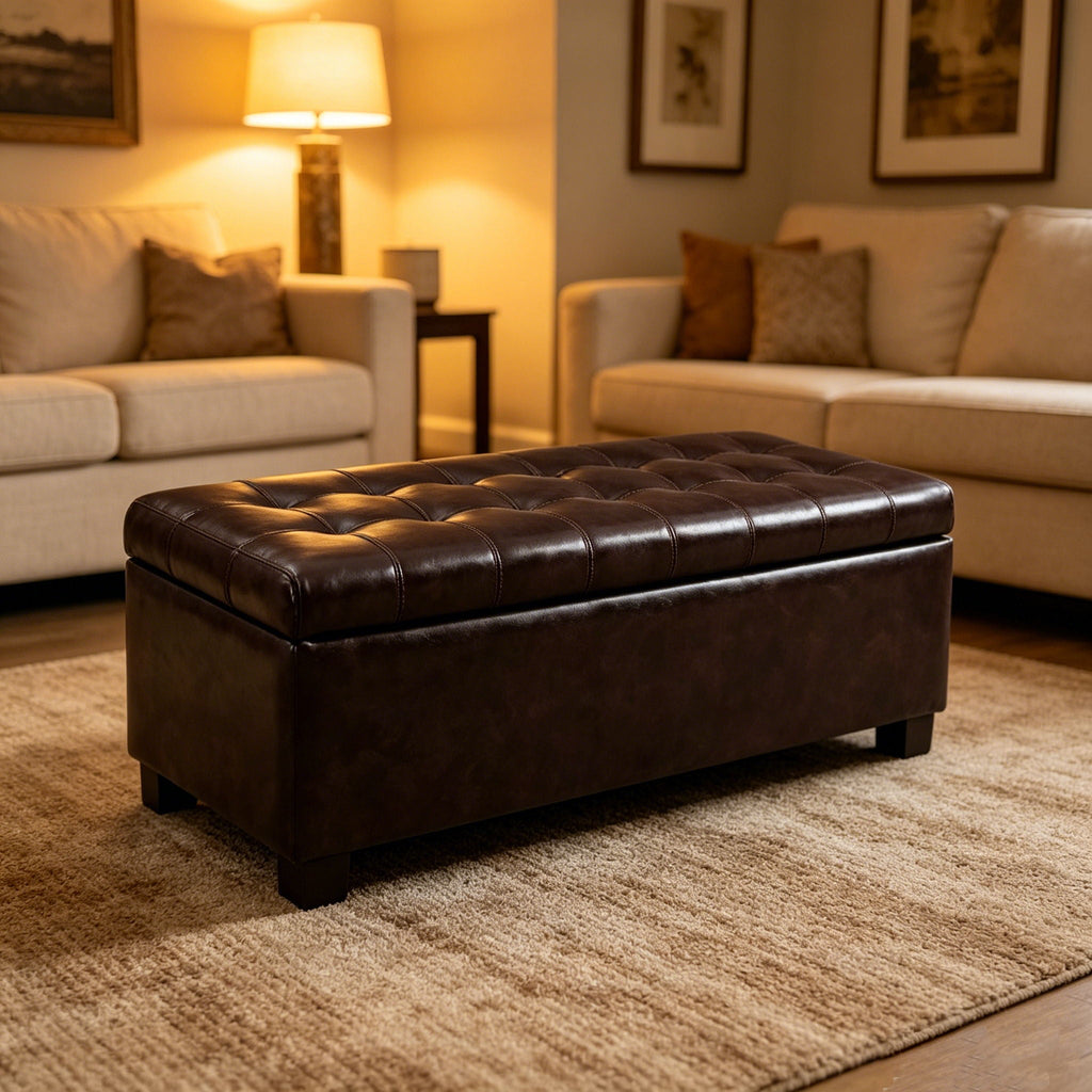 Elegant Tufted Storage Ottoman Bench with Hidden Storage - Dark Brown or Light Blue