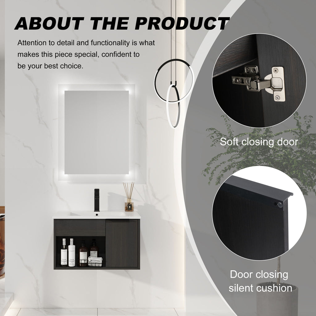 Wall Mounted Floating Bathroom Vanity with Open Shelf & Soft Close Door - Dark Brown