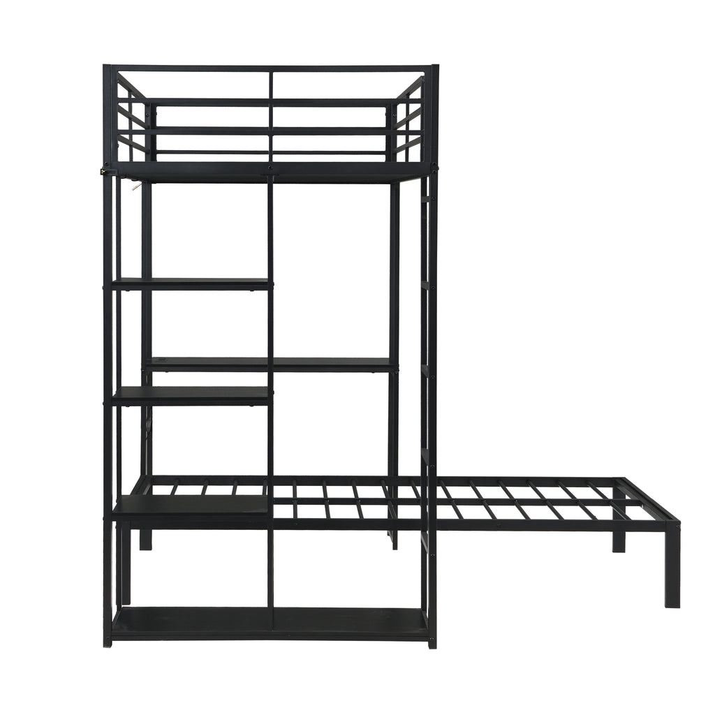 Metal Loft Bed Frame with LED Light Strip, Desk & Storage Shelves - Twin Size