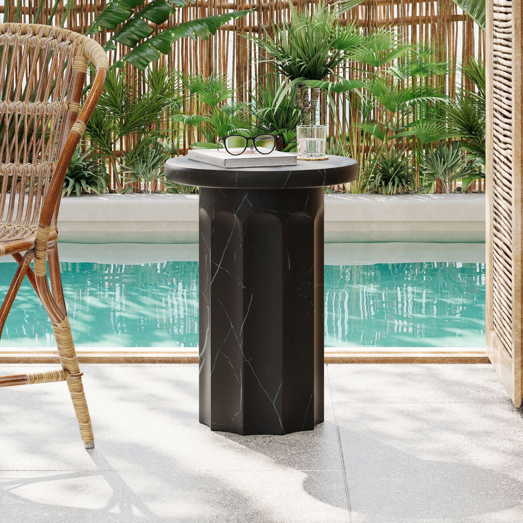 Outdoor Lightweight Concrete Side Table with Marble Effect - Black