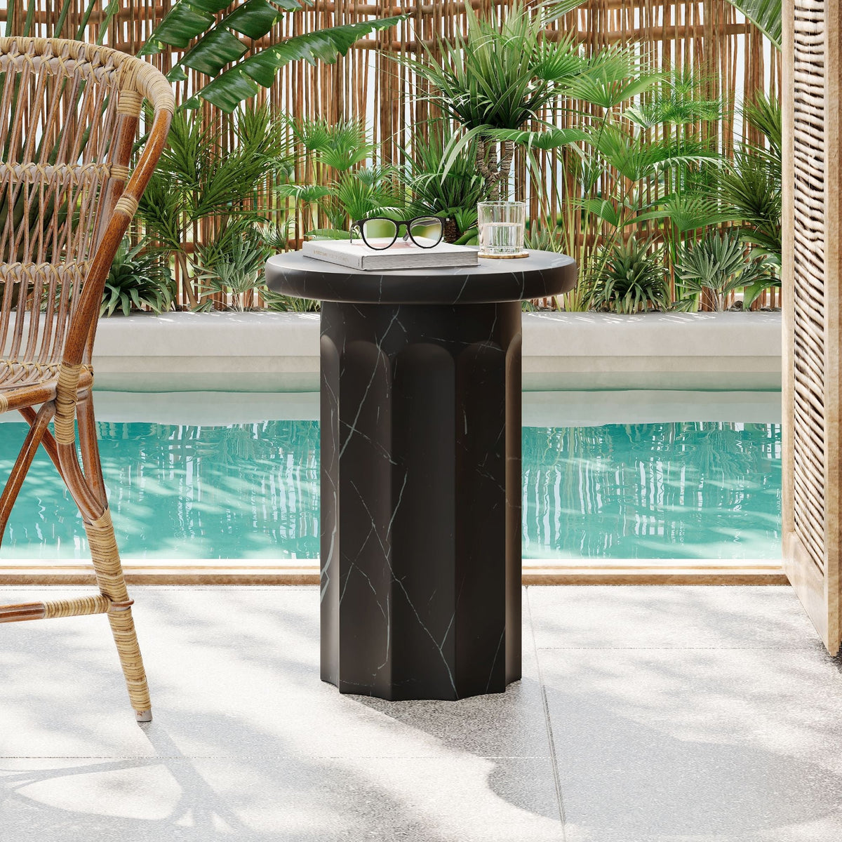 Outdoor Lightweight Concrete Side Table with Marble Effect - Black
