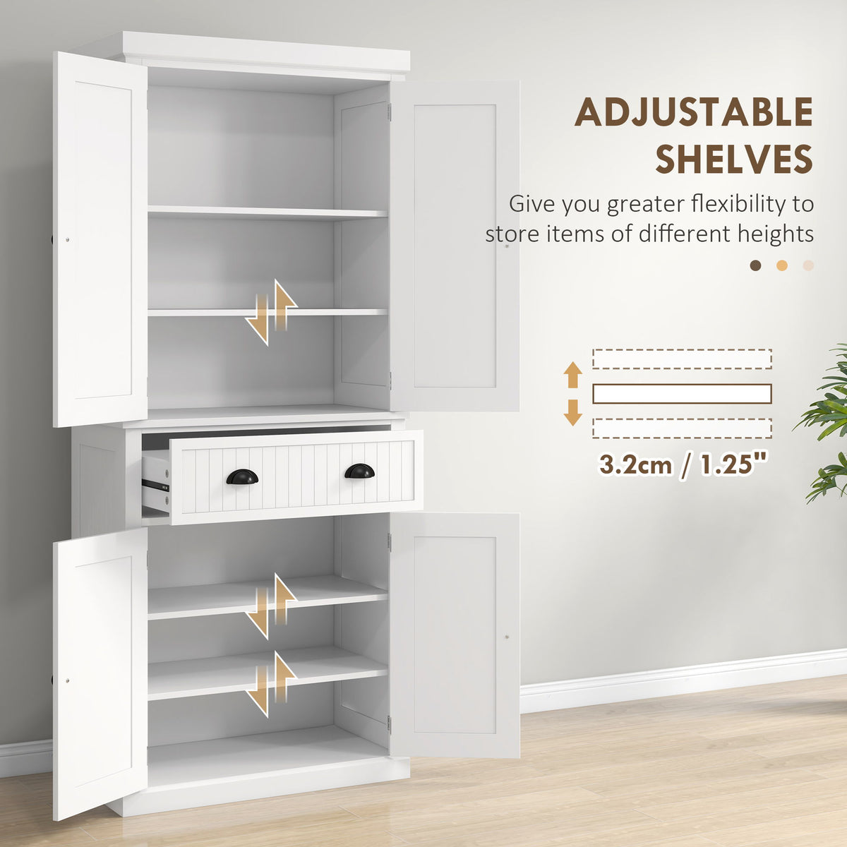 72" Tall Kitchen Pantry Cabinet with Adjustable Shelves and Drawer - White