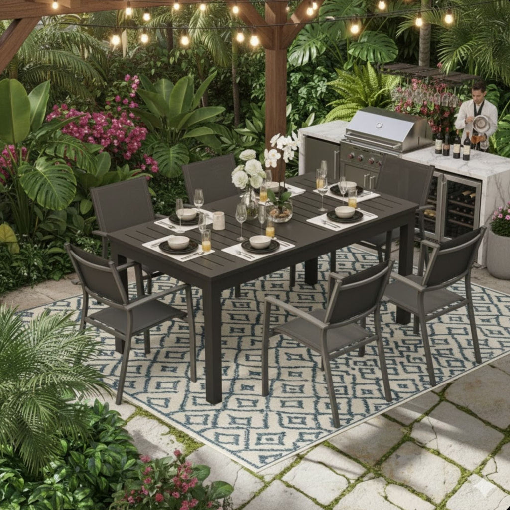 Extendable Outdoor Dining Table with Slatted Top - Gray