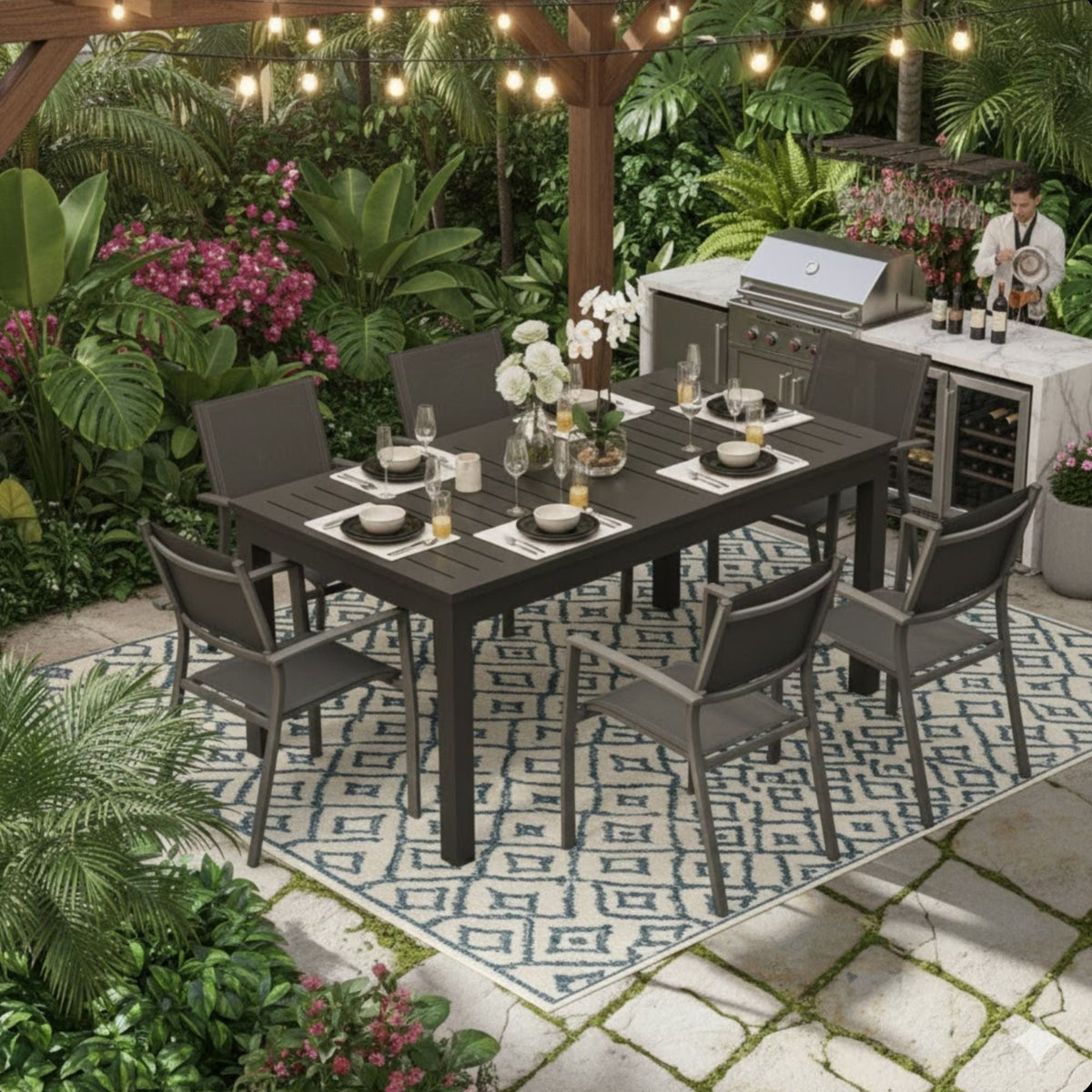 Extendable Outdoor Dining Table with Slatted Top - Gray