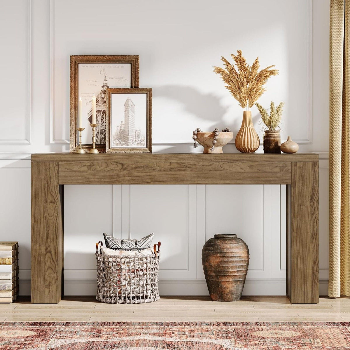 Rustic Brown Console Table with Vertical Slat Legs - Solid Wood & MDF