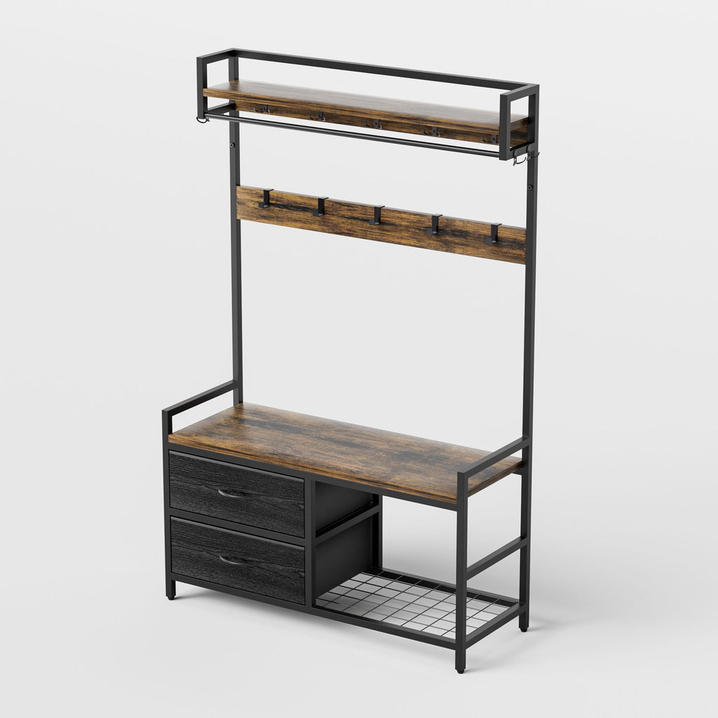 Rustic Brown Hall Tree With 2 Movable Drawers