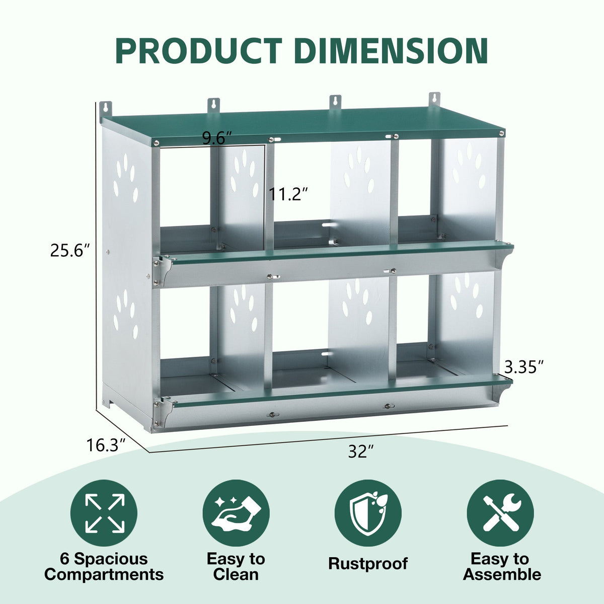 6 Room Metal Chicken Nesting Box with Galvanized Steel Construction - Green