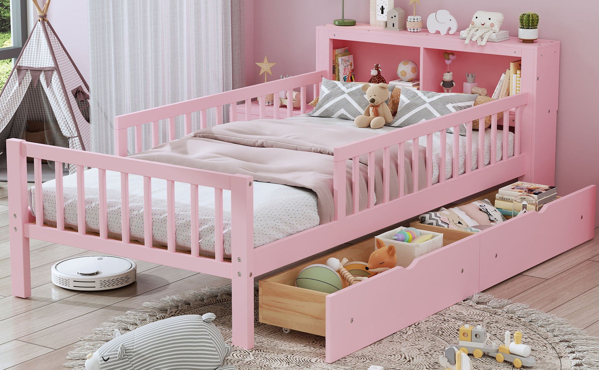 Twin Storage Bed with Headboard Rack & Under-Bed Drawers - Multiple Colors